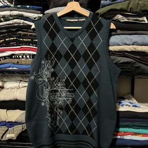 Men's V-Neck Argyle Sweater Vest - Teal and Black